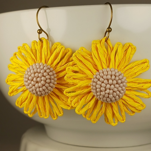 Hand Crafted Jewelry - HAND CRAFTED Boho Yellow Sunflower Beaded Statement Dangle Drop Earrings